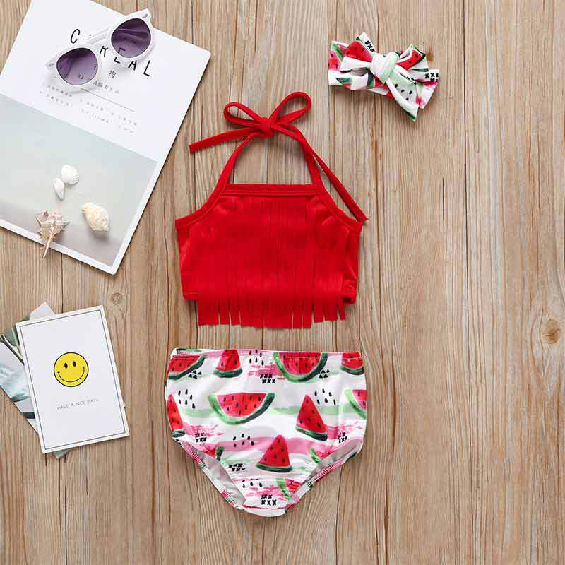 Summer Baby Girl Watermelon Red Bow Sling Swimsuit Three-piece Suit display picture 3