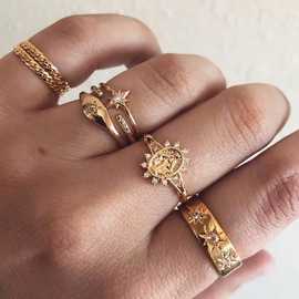 欧美新款 复古图腾花纹点钻圣母戒指 叠戴关节戒7件套装指环手饰