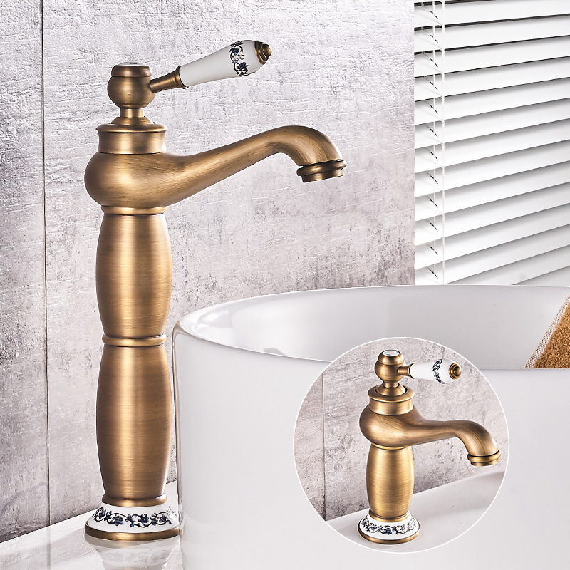 All copper antique European style faucet art Basin counter basin bathroom height basin single hole hot and cold drawing faucet All copper antique European style faucet art Basin counter basin bathroom height basin single hole hot and cold drawing faucet