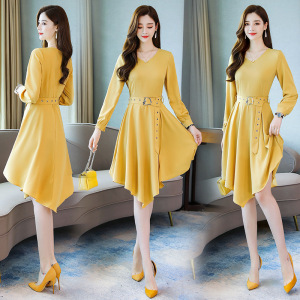 New V-neck mid waist long irregular slim dress