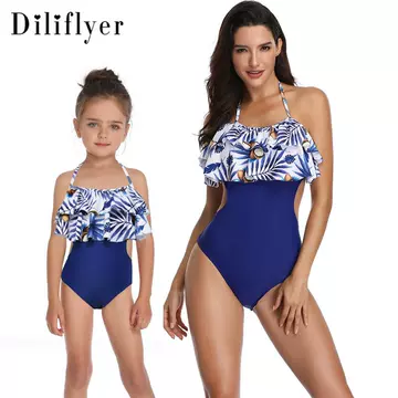 Popular European And American Swimwear Printing One-Piece Double Ruffles Parent-Child Swimwear - ShopShipShake