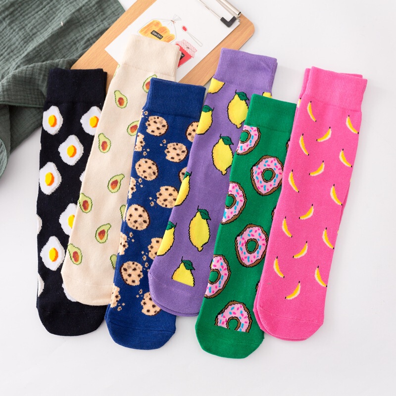 Cross-border hot socks avocado chips egg funny cotton mid-calf fashion socks European and American Harajuku straight women's socks Cross-border hot socks avocado chips egg funny cotton mid-calf fashion socks European and American Harajuku straight women's socks