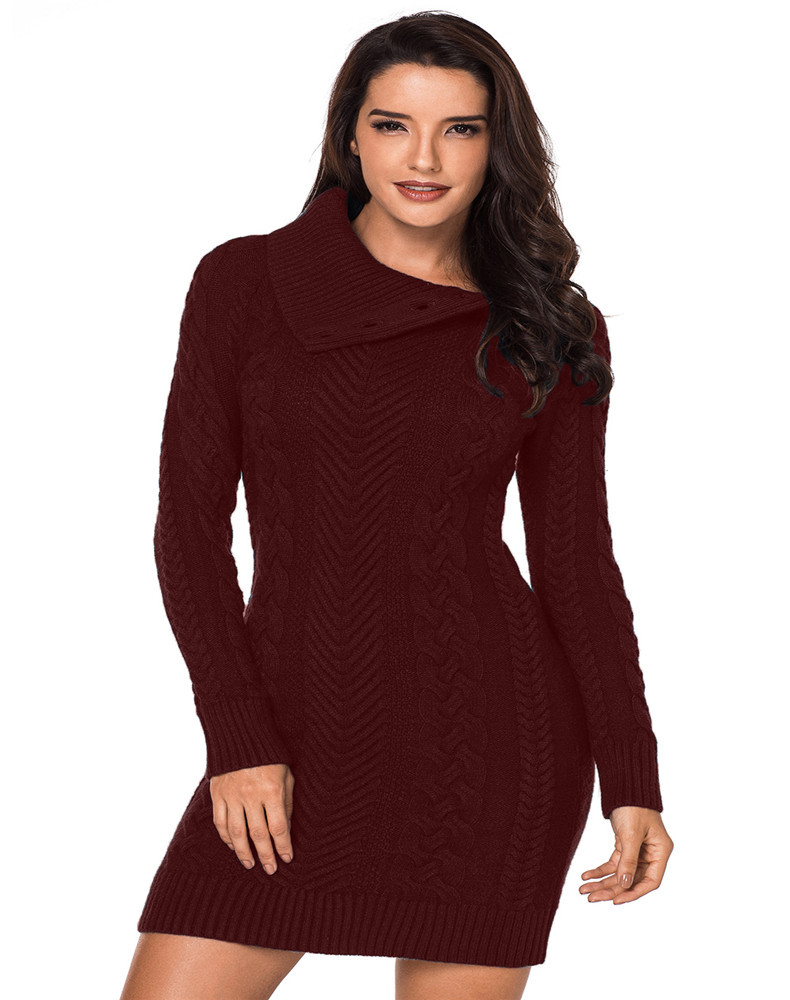 solid color lapel long-sleeved rib knit sweater dress nihaostyles wholesale clothing NSQSY85554