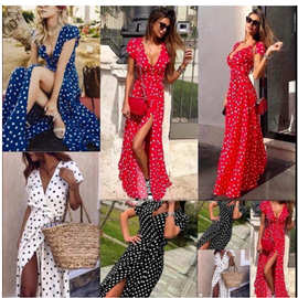 ebay欧美女装外贸爆款夏季短袖V领低胸印花波点连衣裙2019