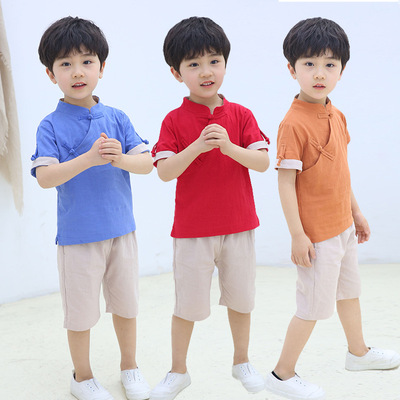 2019夏季男童新款民族短袖中国风改良古唐装汉服六一儿童表演出服