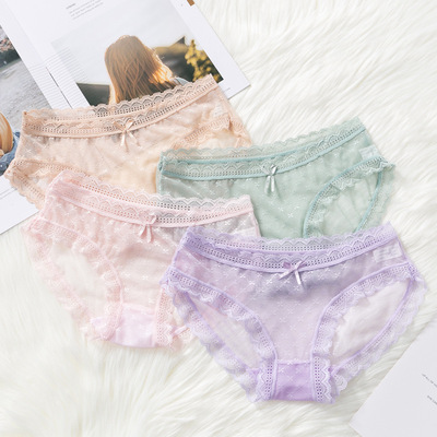 sexy Middle-waisted ventilation Lace Underwear Cotton End of file lady Triangle pants Hollow Ladies shorts perspective Underwear