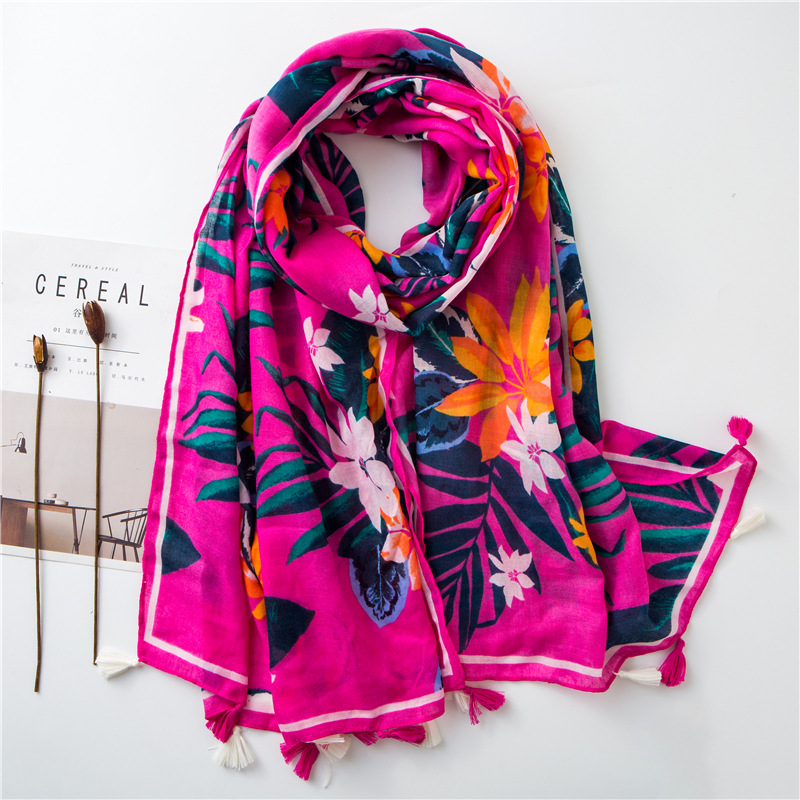 Cotton And Linen Scarf Warm Rose Red Tone Tropical Plant Color Tassel Wholesale Trend display picture 4