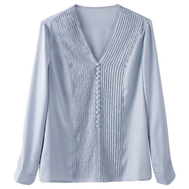 Autumn new pleated V-collar shirt hanging chiffon shirt