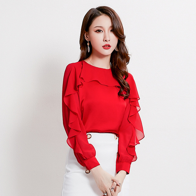 Long-sleeved blouse new round collar and lotus leaf edge autumn 