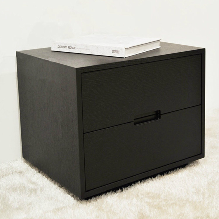 設計家具現代簡約黑色橡木紋床頭櫃 臥室儲物收納櫃兩鬥床邊櫃
