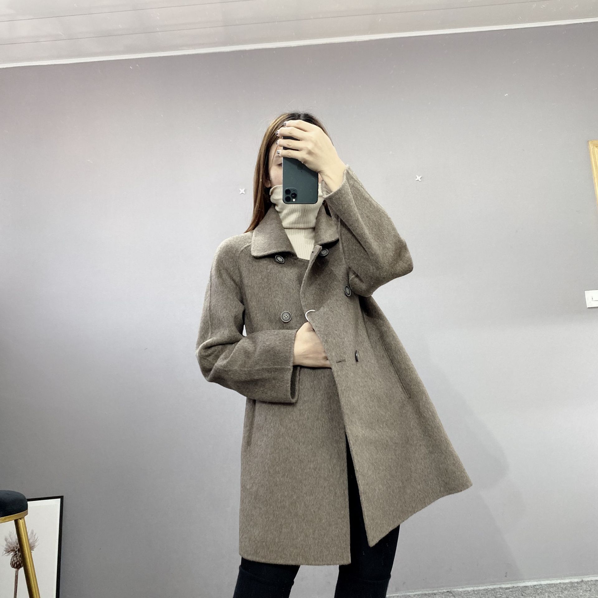 紅嘎嘎  雙面毛呢大衣女2019新款流行中長款秋冬加厚羊毛外套