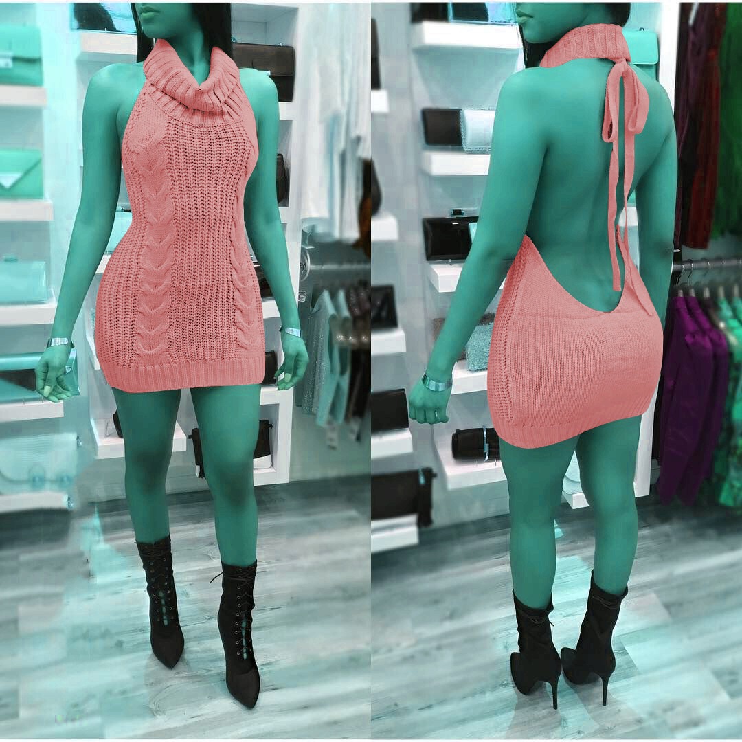 Primavera sexy sin espalda sexy suéter de una sola pieza de entrega europea y americana sexy mujer de gran cuello alto sin espalda suéter corto 9 colores