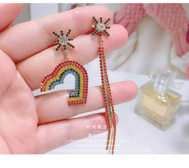 Fashion Earrings Rainbow Color Rhinestone Candy Love Tassel Asymmetric Temperament Earrings Women display picture 8
