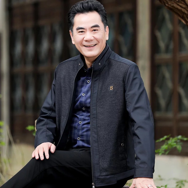 Abrigo de primavera y otoño para hombres de mediana edad y ancianos 2020 otoño e invierno con forro polar engrosado cuello de pie abrigo de padre chaqueta de hombre