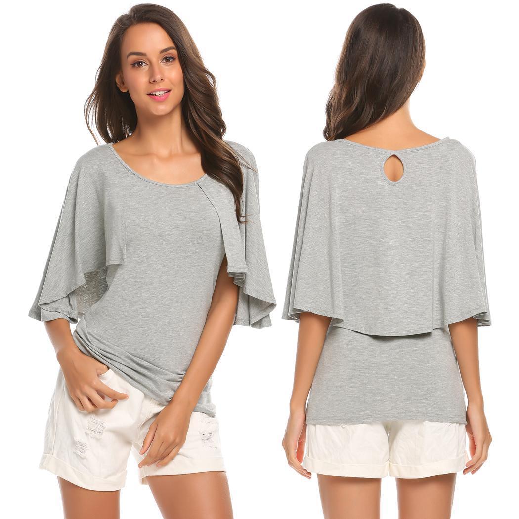 芬哲跨境亚马逊wish热卖大码T恤蝙蝠袖荷叶边披风休闲上衣