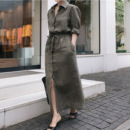CSM long sleeve new cotton linen shirt dress women's long Korean style drawstring waist fashion linen shirt dress