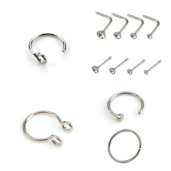 12 nasal nail sets (including 4 nasal ring+4 size nasal nails+L type 4 -sized nasal nails)
