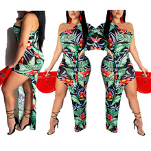 YS885亚马逊热卖女装欧美名媛新款印花不规则下摆连衣裙时尚裙子