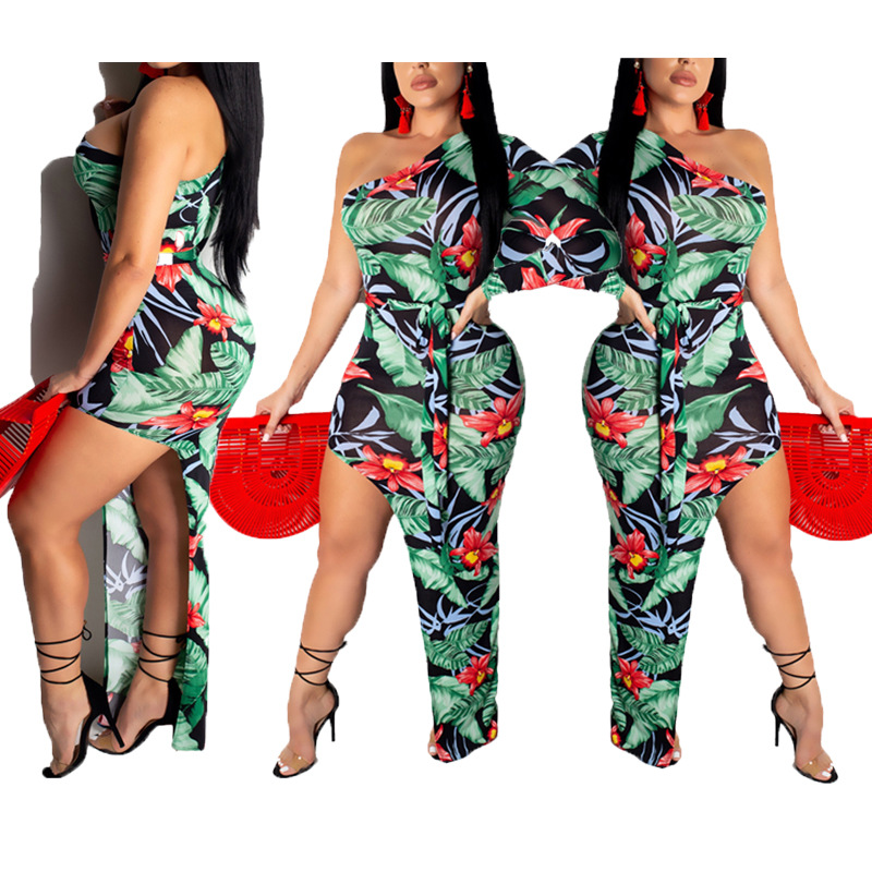 YS885亚马逊热卖女装欧美名媛新款印花不规则下摆连衣裙时尚裙子