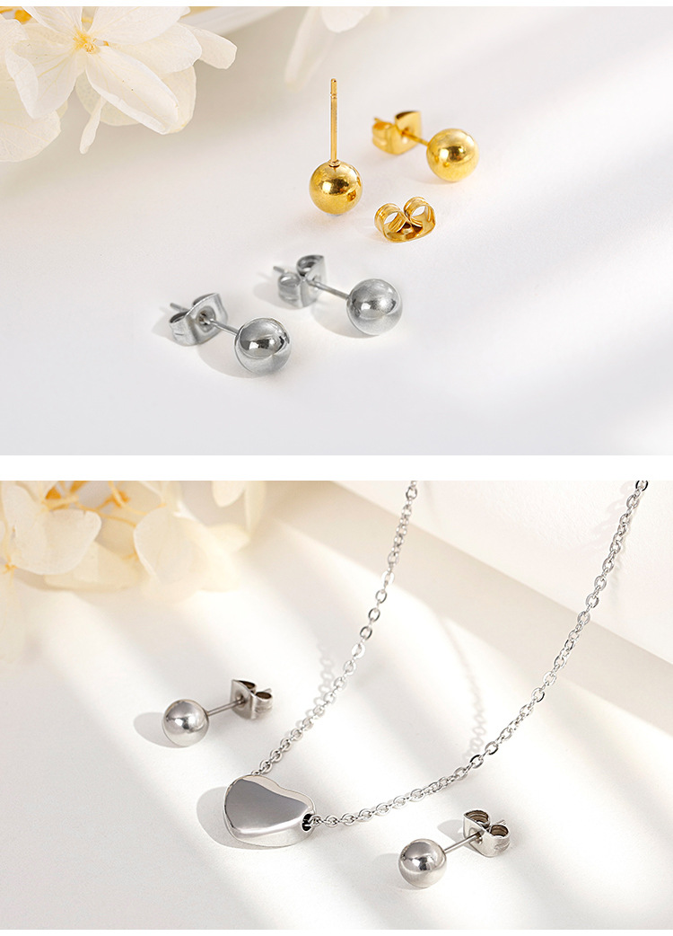 simple solid color stainless steel heart-shaped small round bead earrings two-piece set wholesale ni