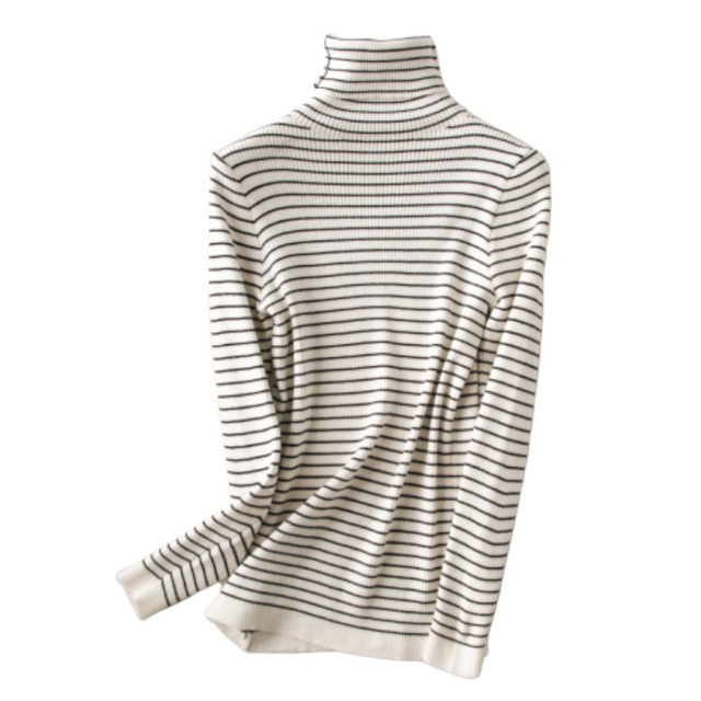 Stripe pile neck wool sweater women’s long sleeve slim cashmere base coat autumn and winter knitwear women’s new 2019