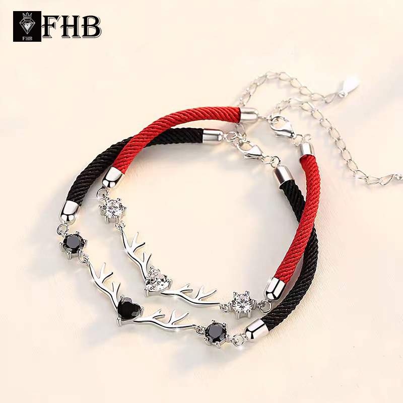 Yulu Has You Couple Sterling Silver Bracelet Pair of Personalized Male and Female Elk Antler Red Rope Black Rope Diamond Style Wholesale Silver Jewelry Yulu Has You Couple Sterling Silver Bracelet Pair of Personalized Male and Female Elk Antler Red Rope Black Rope Diamond Style Wholesale Silver Jewelry
