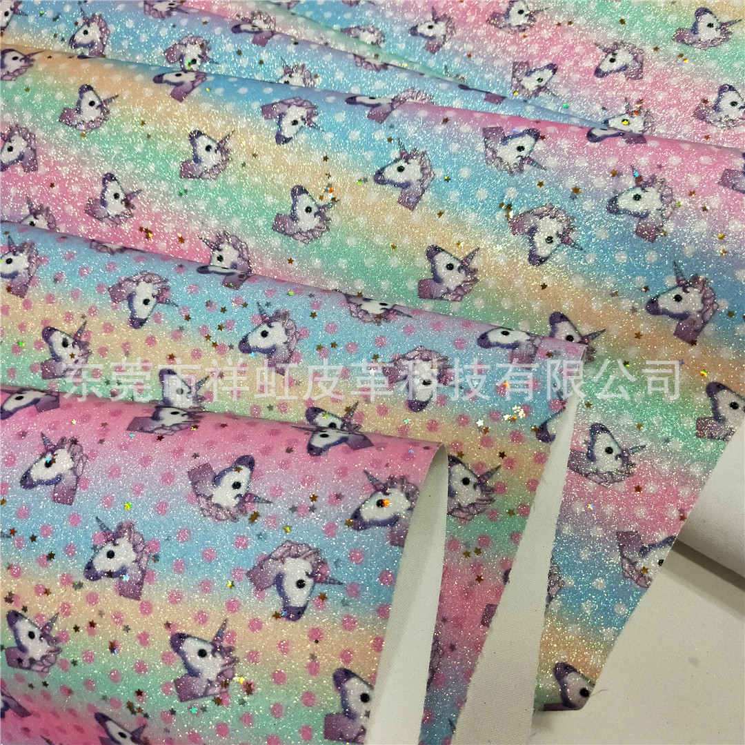 厂家直销格利特印花圆点独角兽闪亮金葱粉格丽特饰品包装手袋面料
