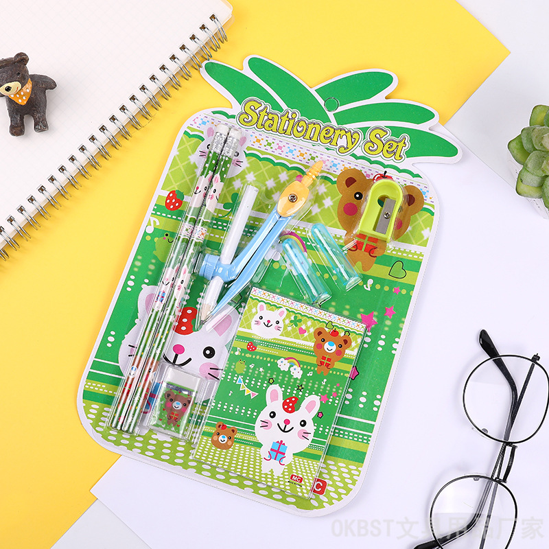 Ventas directas de fábrica diversos niños papelería combinación bolsa de regalo estudiante suministros escolares 8-pieza brújulas lápiz traje