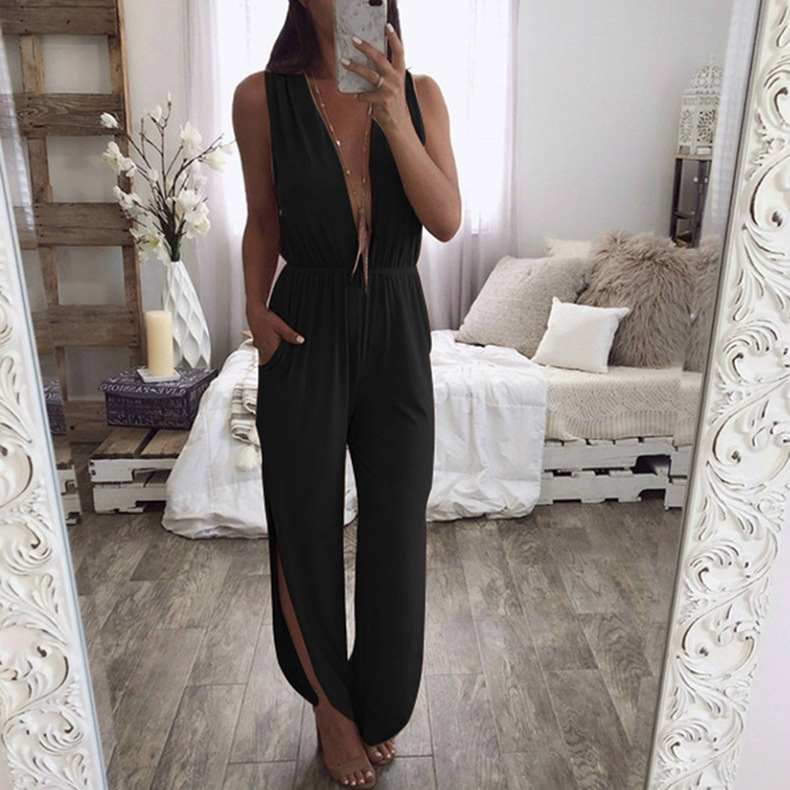 sleeveless solid color open back split jumpsuit  NSKX10128