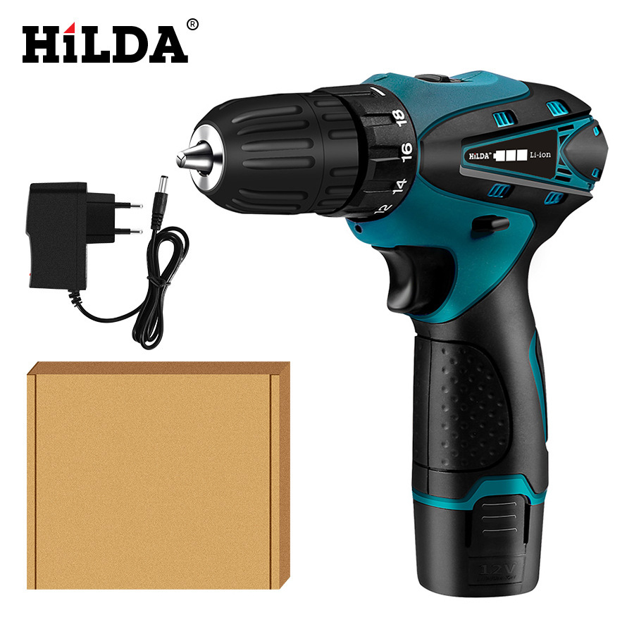 Hilda 12V destornillador inalámbrico taladro eléctrico doble velocidad batería de litio recargable LED luz 2 unids impermeable mano Taladro