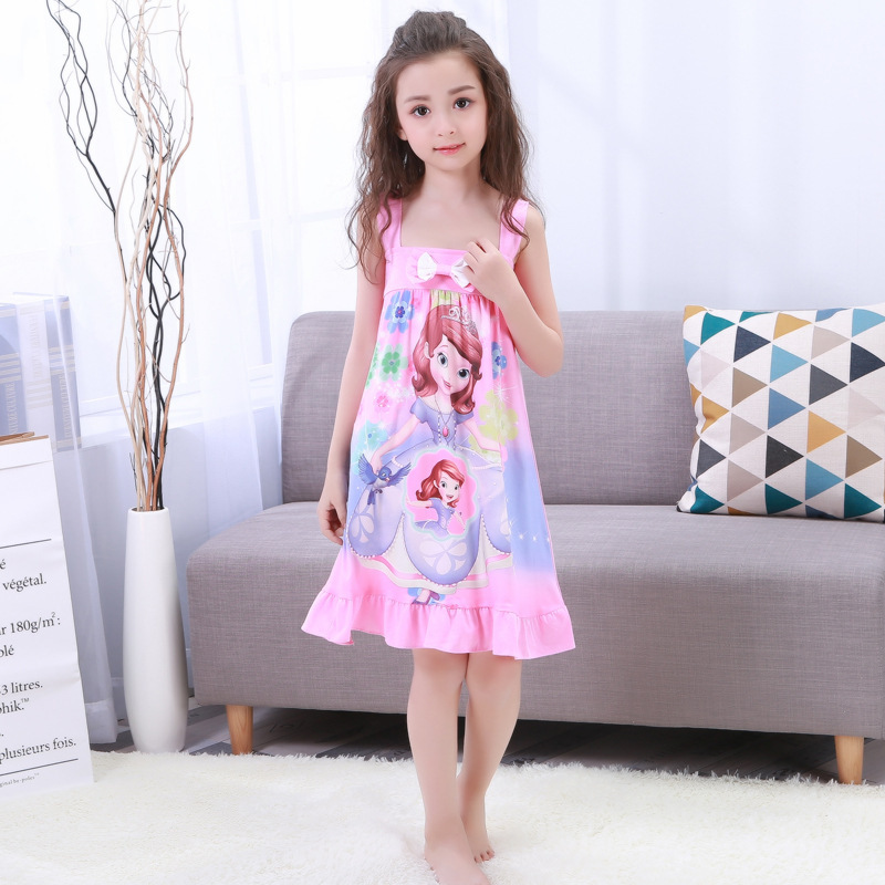 New summer style children's nightgown with mermaid princess print, sweet ruffled suspender style, perfect for summer.