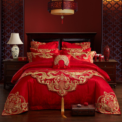 瑞凤婚庆十件套厂家直销全棉贡缎刺绣结婚礼品多件套床上用品批发|ru