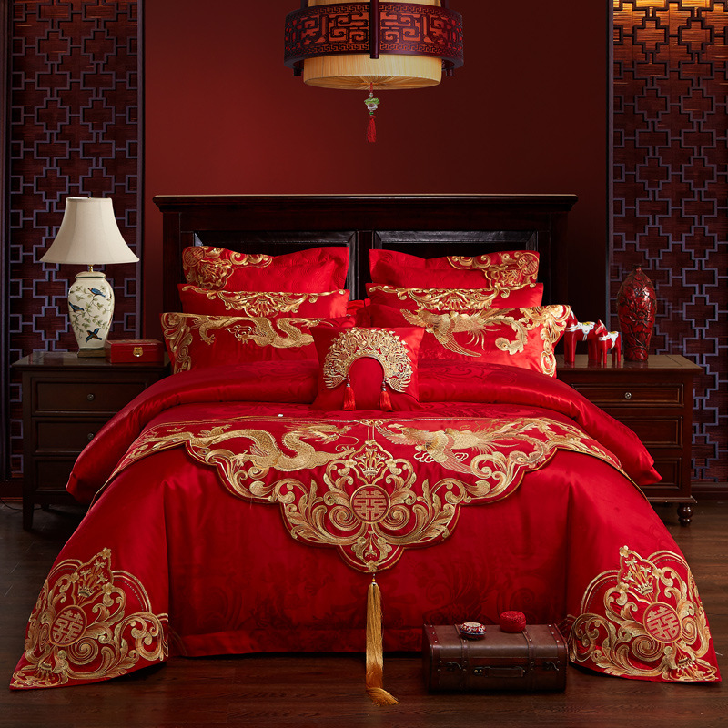 瑞凤婚庆十件套厂家直销全棉贡缎刺绣结婚礼品多件套床上用品批发|ru
