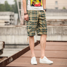 出口欧美外贸男式工装短裤 男士运动裤工装青年多口袋格子短裤男