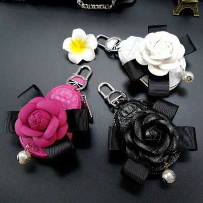 Camellia Car Key Bag Pearl Bow Car Key Protective Cover Car Key Bag Interior For Women