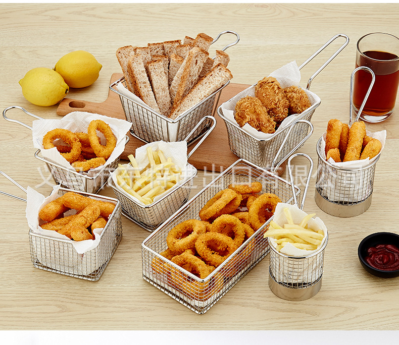 Factory direct sales of stainless steel frying baskets and sieves, French fries frying baskets, deep-frying baskets, filters and sieves, snack and pastry baskets and frames detail image 2