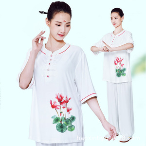 Short sleeves kung fu tai chi clothing for women wu shu uniforms half sleeve printed Taiquan training suit