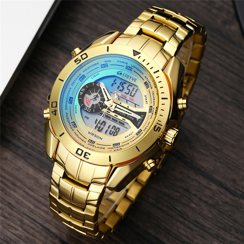 STRYVE reloj de negocios para hombre doble pantalla impermeable reloj electrónico de cuarzo para hombre reloj de acero inoxidable S8019