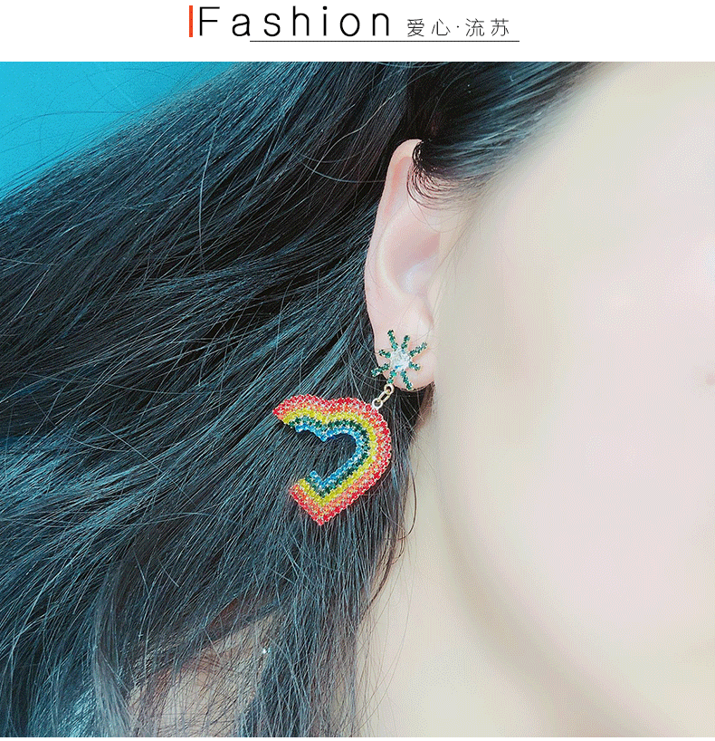 Boucles D'oreilles De Mode Coréenne Arc-en-couleur Strass Bonbons Amour Gland Asymétrique Tempérament Boucles D'oreilles Femme Argent Aiguille display picture 2