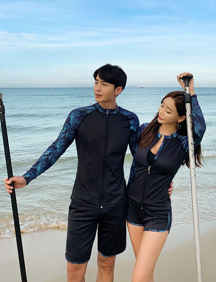 新款女士聚拢三件套男士长袖沙滩裤运动显瘦保守情侣泳衣|ms