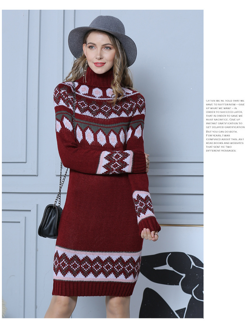  geometric jacquard thick turtleneck knitted dress NSYH7442