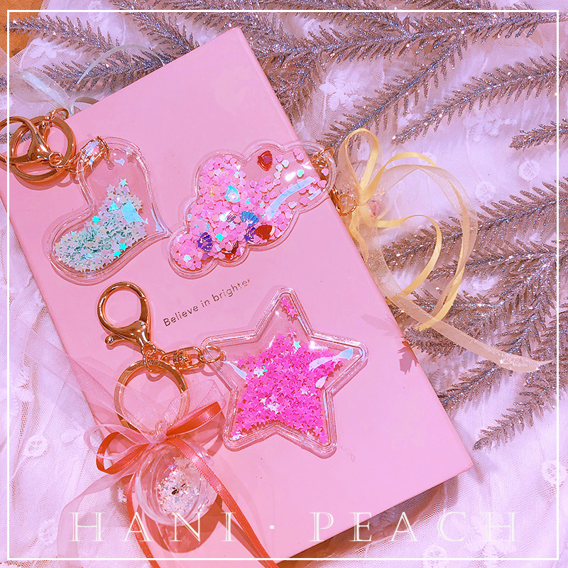 HD6383A05韓國透明亮片星星流沙愛心雲朵卡通鑰匙圈扣挂件少女
