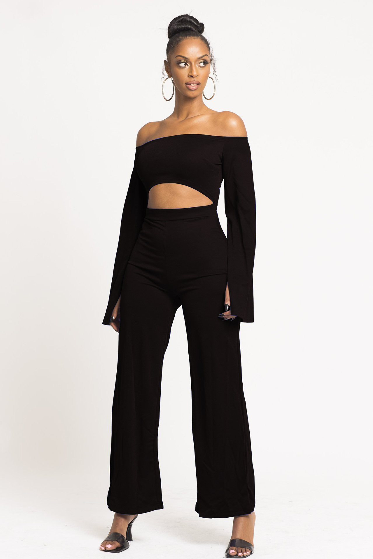 Boutique Casual Solid Color Long Sleeves Cropped off Shoulder Jumpsuit