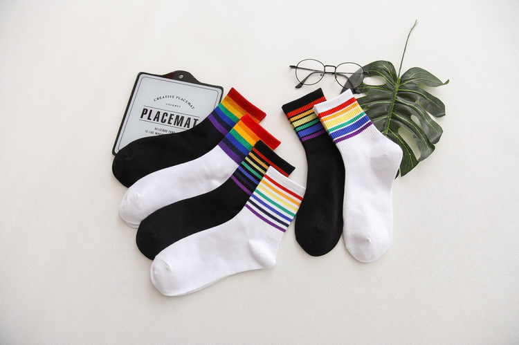 秋冬季全棉彩虹袜中筒袜子条纹情侣袜