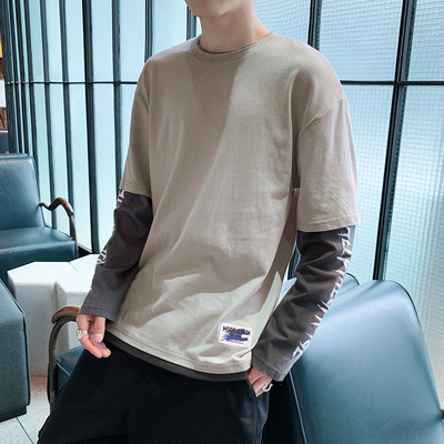 男士长袖T恤假两件2019新品拼接撞色圆领纯棉学生潮男体恤打底衫|ms