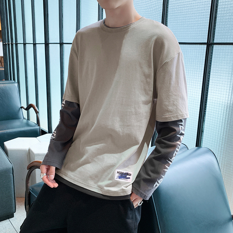男士长袖T恤假两件2019新品拼接撞色圆领纯棉学生潮男体恤打底衫|ms