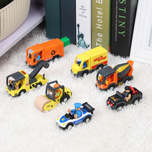 塑料惯性警车工程车拖车带小人兼容木质托马斯小火车轨道玩具