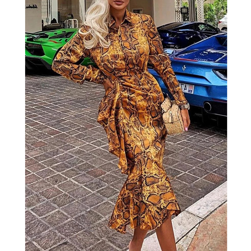 snake print long-sleeved lace-up mid-length dress  NSJZC123753