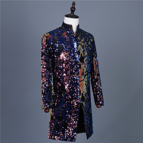 Men's jazz dance long coats singers stage performance Colorful  sequined long dress suit  Banquet guest solo host stage performance long blazers