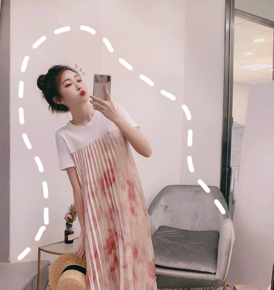 Come to Fake, шифоновое платье с короткими рукавами, шитое из двух частей, женская летняя футболка средней длины, плиссированная юбка А-силуэтом с принтом